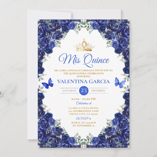 Royal Blue Quinceañera 15 Anos Flowers Gold Crown Einladung (Vorderseite)