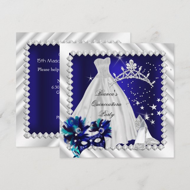 Royal Blue Quinceanera 15. Masquerade Party Einladung (Vorne/Hinten)
