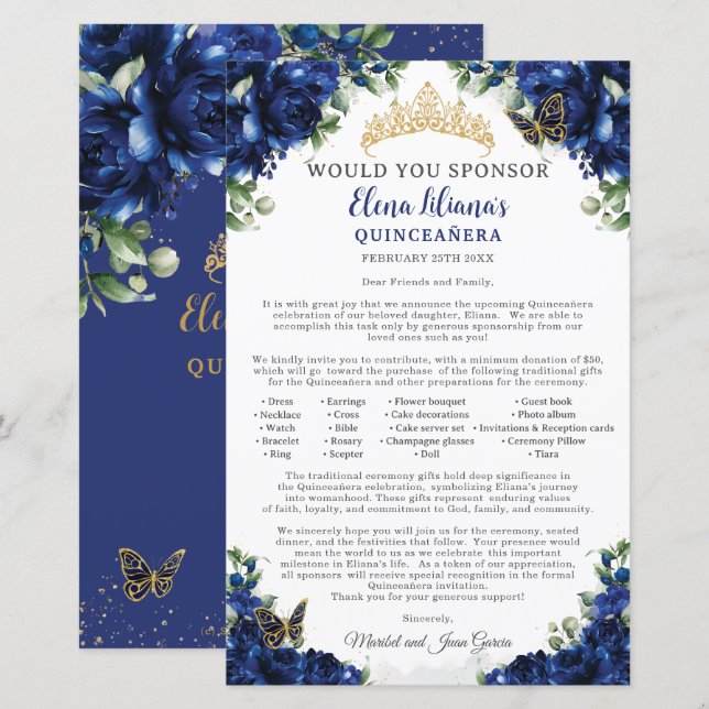 Royal Blue Quinceanera 15 Sponsor Request Letter (Vorne/Hinten)