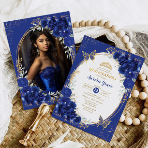 Royal Blue Quinceañera Blume Butterfly Foto Einladung