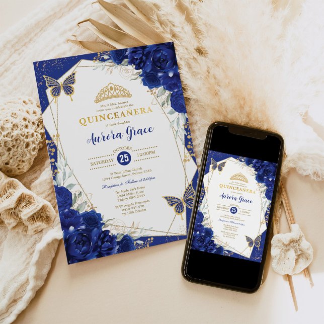 Royal Blue Quinceañera Butterflies Mis Quince Einladung (Von Creator hochgeladen)
