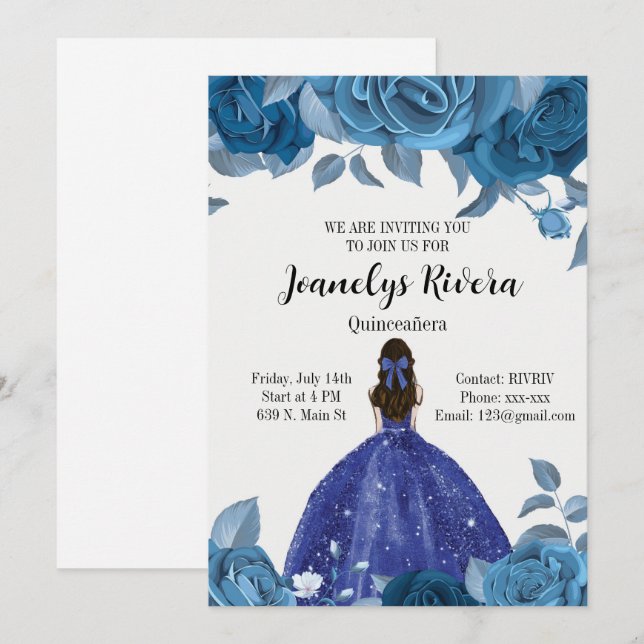 Royal Blue Quinceañera Einladung (Vorne/Hinten)