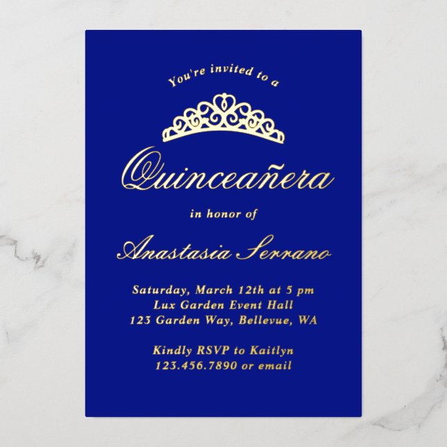 Royal Blue Quinceanera Folieneinladung (Vorderseite)