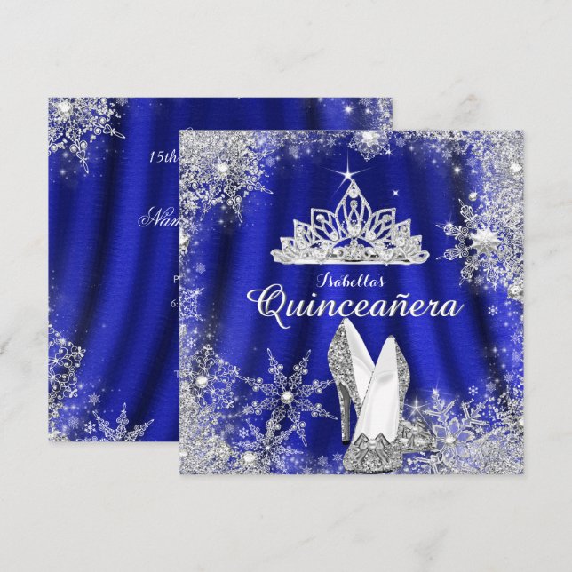 Royal Blue Quinceanera Silver Tiara 15. Geburtstag Einladung (Vorne/Hinten)