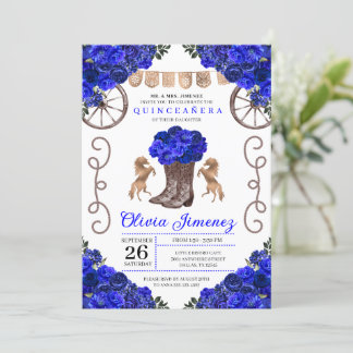 Royal Blue Ranchero Floral Boots Quinceanera Einladung