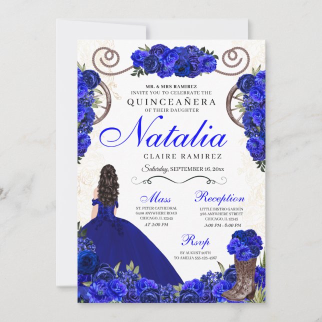 Royal Blue Ranchero Princess Quinceanera Einladung (Vorderseite)