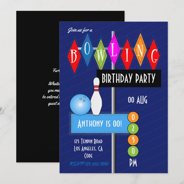 Royal Blue Retro Bowling Birthday Party Einladung (Vorne/Hinten)