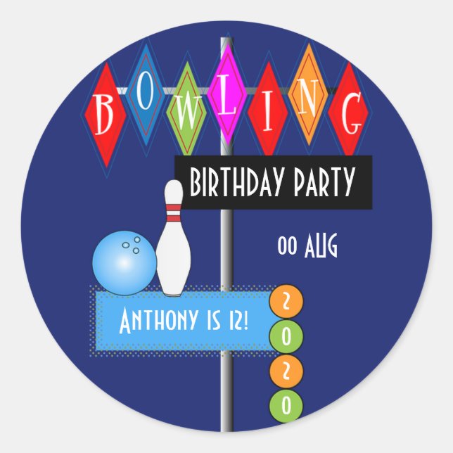 Royal Blue Retro Bowling Birthday Party Runder Aufkleber (Vorderseite)
