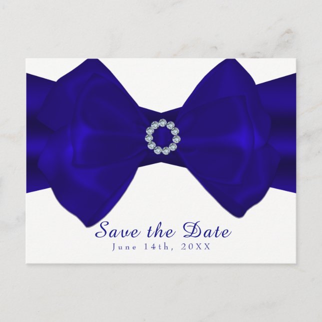 Royal Blue Ribbon & Diamonds Save the Date elegant Ankündigungspostkarte (Vorderseite)