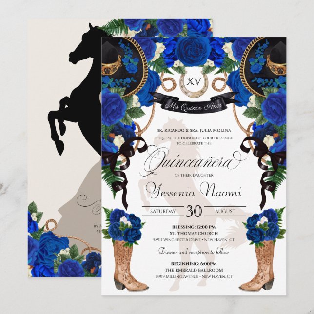 Royal Blue Rose & Black Western Charro Quinceanera Einladung (Vorne/Hinten)