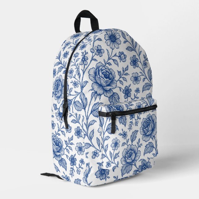 Royal Blue Rose Blumenmuster Bedruckter Rucksack (Rückseitige Ecke links)