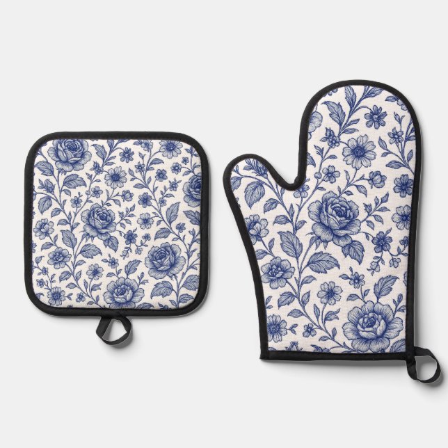 Royal Blue Rose Blumenmuster Ofenhandschuh & Topflappen-Set (Vorderseite)