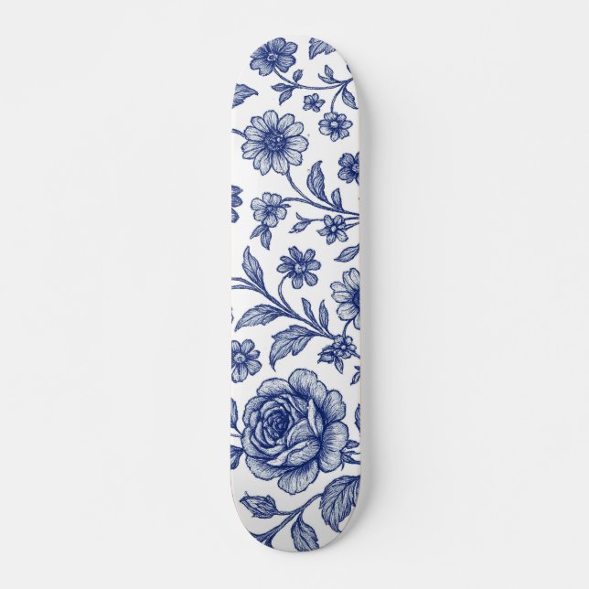 Royal Blue Rose Blumenmuster Skateboard (Vorne)