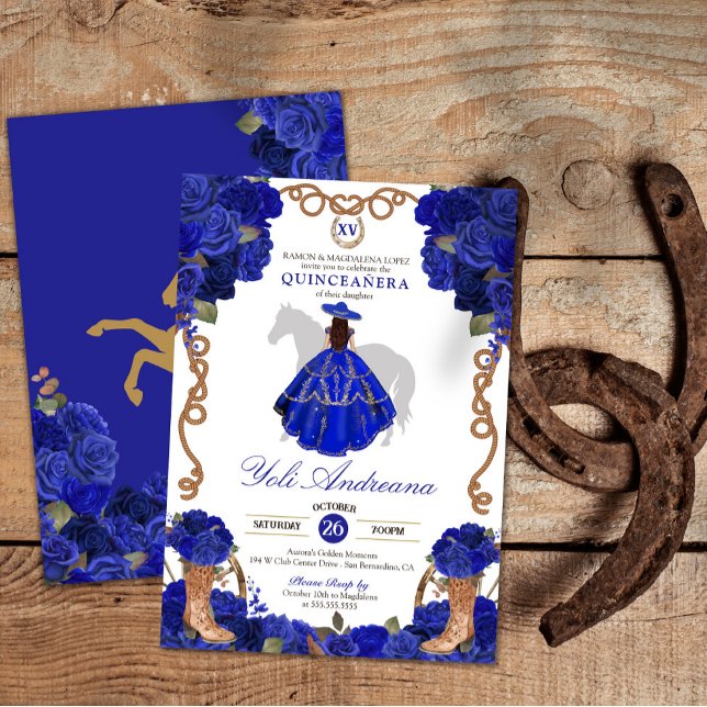 Royal Blue Rose Boots Charra Vestidos Quinceañera Einladung (Von Creator hochgeladen)