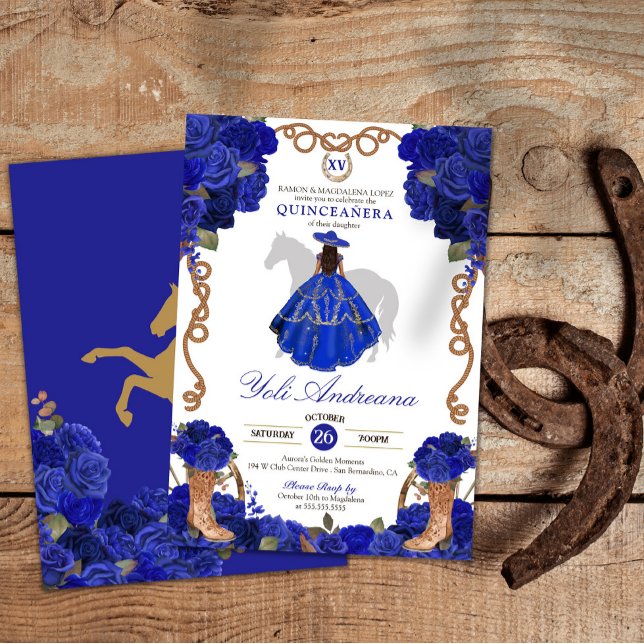 Royal Blue Rose Boots Charro Vestidos Quinceañera Einladung (Von Creator hochgeladen)
