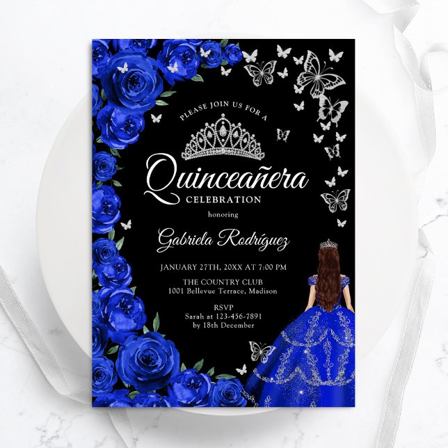 Royal Blue Rose Butterfets Quinceanera Einladung (Von Creator hochgeladen)