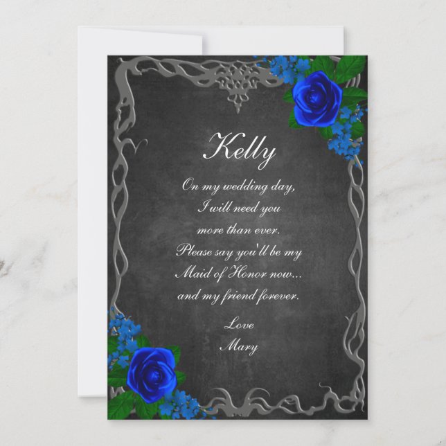 Royal Blue Rose Chalk Board Fall Trauzeugin Einladung (Vorderseite)