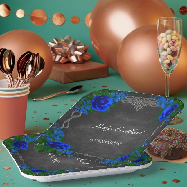 Royal Blue Rose Chalk Board Hochzeit im Herbst Pappteller (Multi)