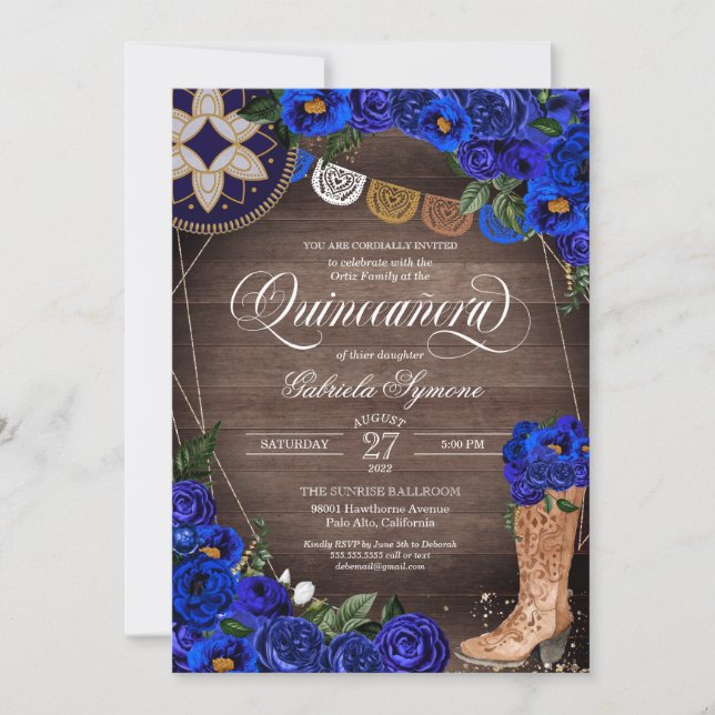 Royal Blue Rose Charra Cowgirl Western Quinceañera Einladung (Vorderseite)