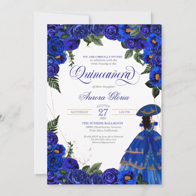 Royal Blue Rose Elegante Charro Dress Quinceaner Einladung (Vorderseite)