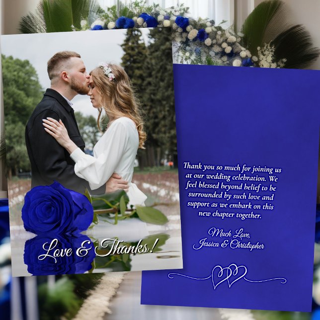 Royal Blue Rose Elegante Wedding Foto Overlay Dankeskarte (Front/Back)