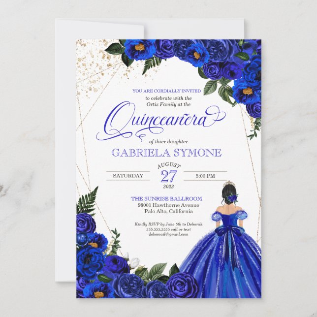 Royal Blue Rose Elegantes Kleid Tiara Quinceanera Einladung (Vorderseite)