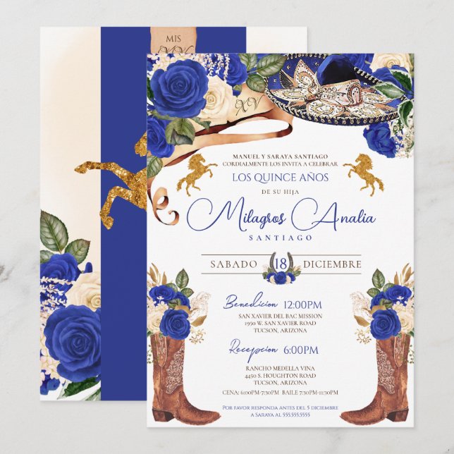 Royal Blue Rose Extravaganter Western Charro Quinc Einladung (Vorne/Hinten)
