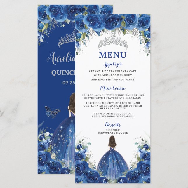 Royal Blue Rose Floral Girl Dress Quinceañera Menü Programm (Vorne/Hinten)