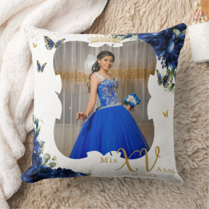 Royal Blue Rose Floral Picture Quinceñera Memento Kissen