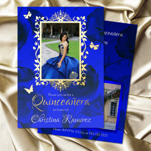 Royal Blue Rose, Gold Butterfly Frame Quinceanera Folieneinladung