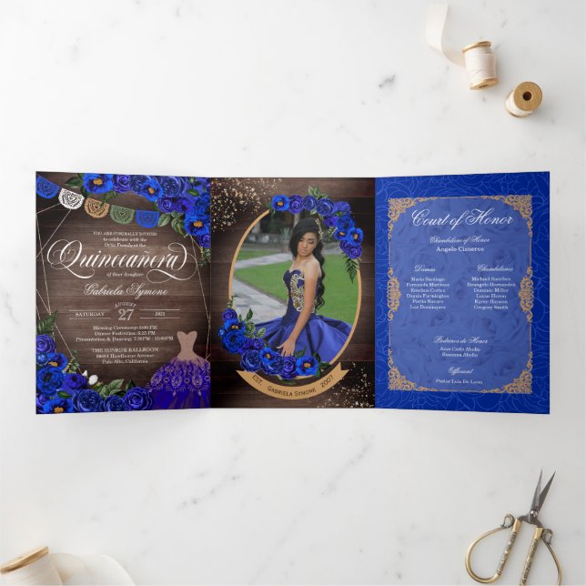 Royal Blue Rose Gold Charro Foto Quinceañera Dreifach Gefaltete Einladung (Innenseite)
