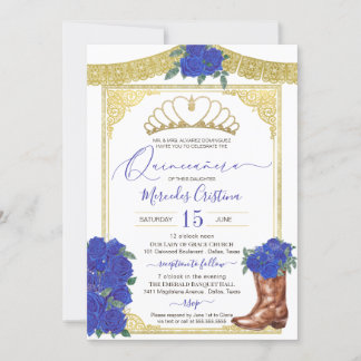 Royal Blue Rose Gold Floral Charro Quinceanera Einladung