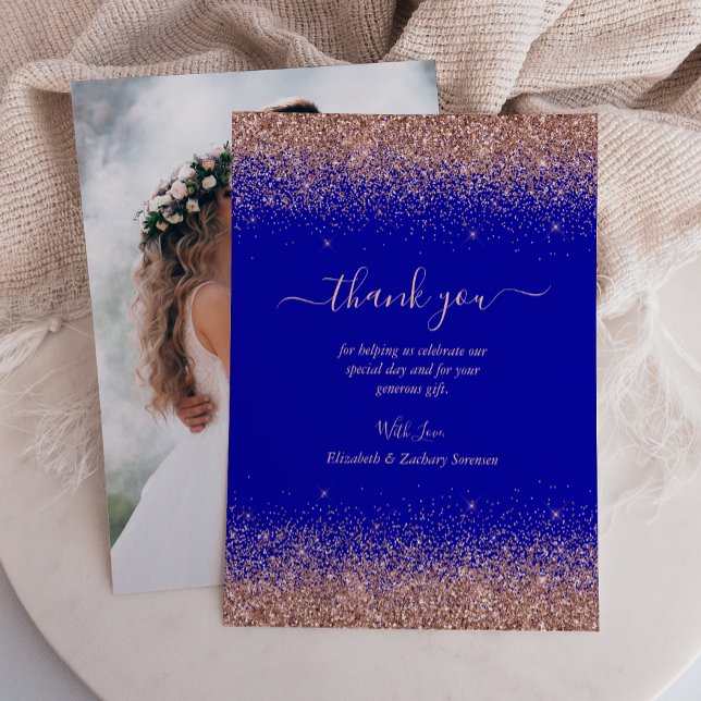 Royal Blue Rose Gold Glitzer Foto Wedding Dankeskarte (Von Creator hochgeladen)