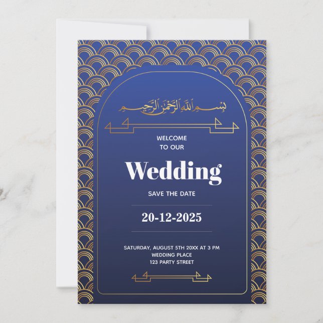 Royal Blue Rose Gold Lace QR Code Muslime Hochzeit Einladung (Vorderseite)