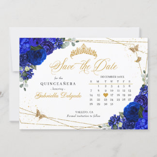 Royal Blue Rose & Gold Quinceñera Save the Date Einladung