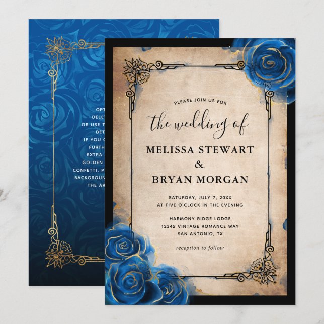 Royal Blue Rose Gold Schwarz Vintage Hochzeit Einladung (Vorne/Hinten)