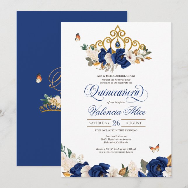 Royal Blue Rose Gold Tiara Butterfly Quinceañera Einladung (Vorne/Hinten)