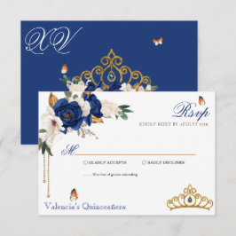 Royal Blue Rose Gold Tiara Quinceanera RSVP Karte