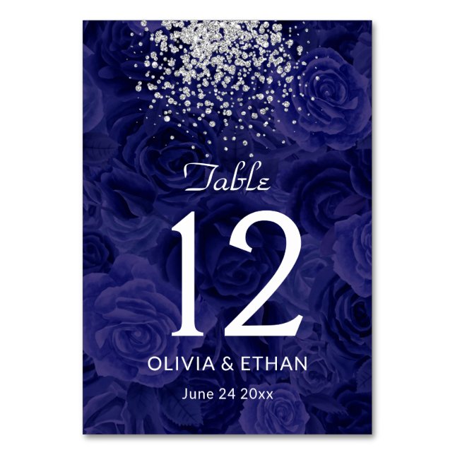 Royal Blue Rose mit Sliver Glitzer Splash Tischnummer (Vorderseite)
