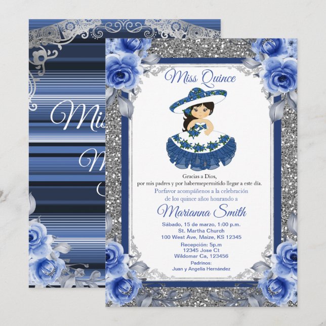 Royal Blue Rose Quinceñera Einladung (Vorne/Hinten)