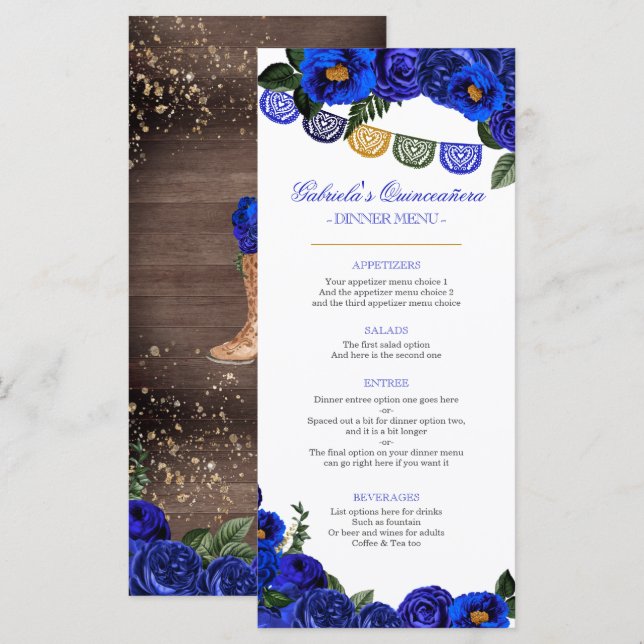 Royal Blue Rose Rustikaler Western Charra Party Menükarte (Vorne/Hinten)