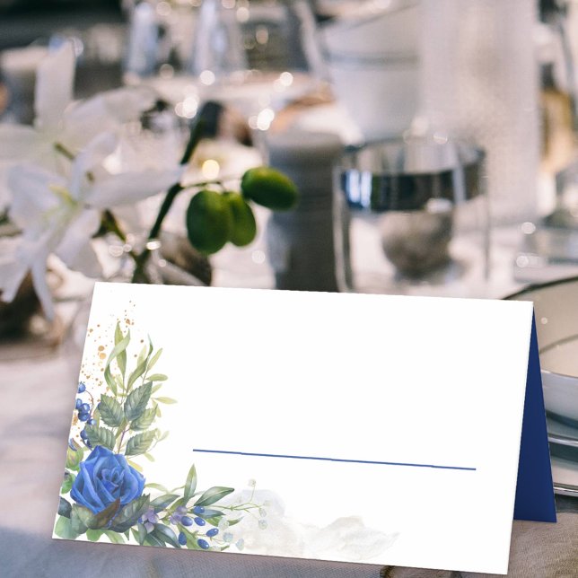 Royal Blue Rose und Eucalyptus-Blätter Platzkarte (Place Cards with blue rose floral arrangement and space to write your guest's name)