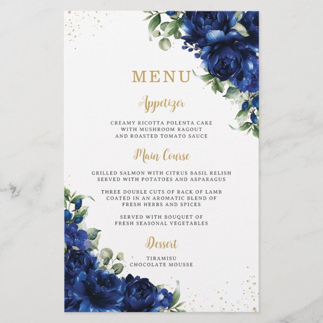 Royal Blue Roses Floral Flowers Menu Sheet  Flyer (Vorne)
