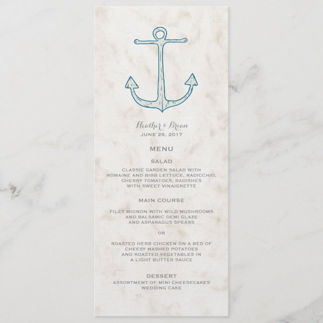 Royal Blue Rustic Anchor Wedding Menu Menükarte (Vorderseite)