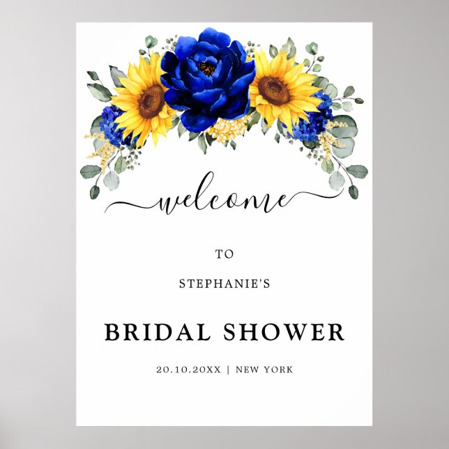 Royal Blue Rustic Sonnenblume Brautparty Empfang Poster (Vorne)