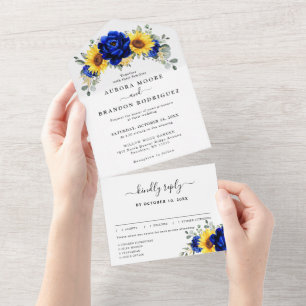 Royal Blue Rustic Sonnenblume Moderne Blumenhochze All In One Einladung