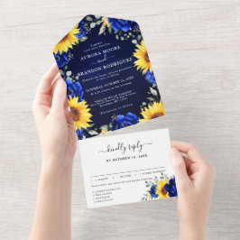 Royal Blue Rustic Sonnenblume Moderne Blumenhochze All In One Einladung