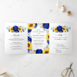 Royal Blue Rustic Sonnenblume Moderne Blumenhochze Dreifach Gefaltete Ankündigung