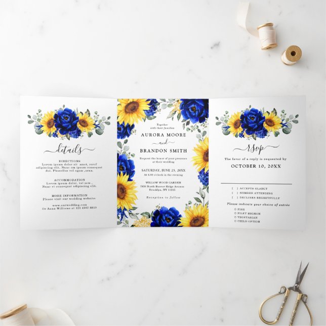 Royal Blue Rustic Sonnenblume Moderne Blumenhochze Dreifach Gefaltete Ankündigung (Innenseite)