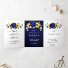 Royal Blue Rustic Sonnenblume Moderne Blumenhochze Dreifach Gefaltete Ankündigung